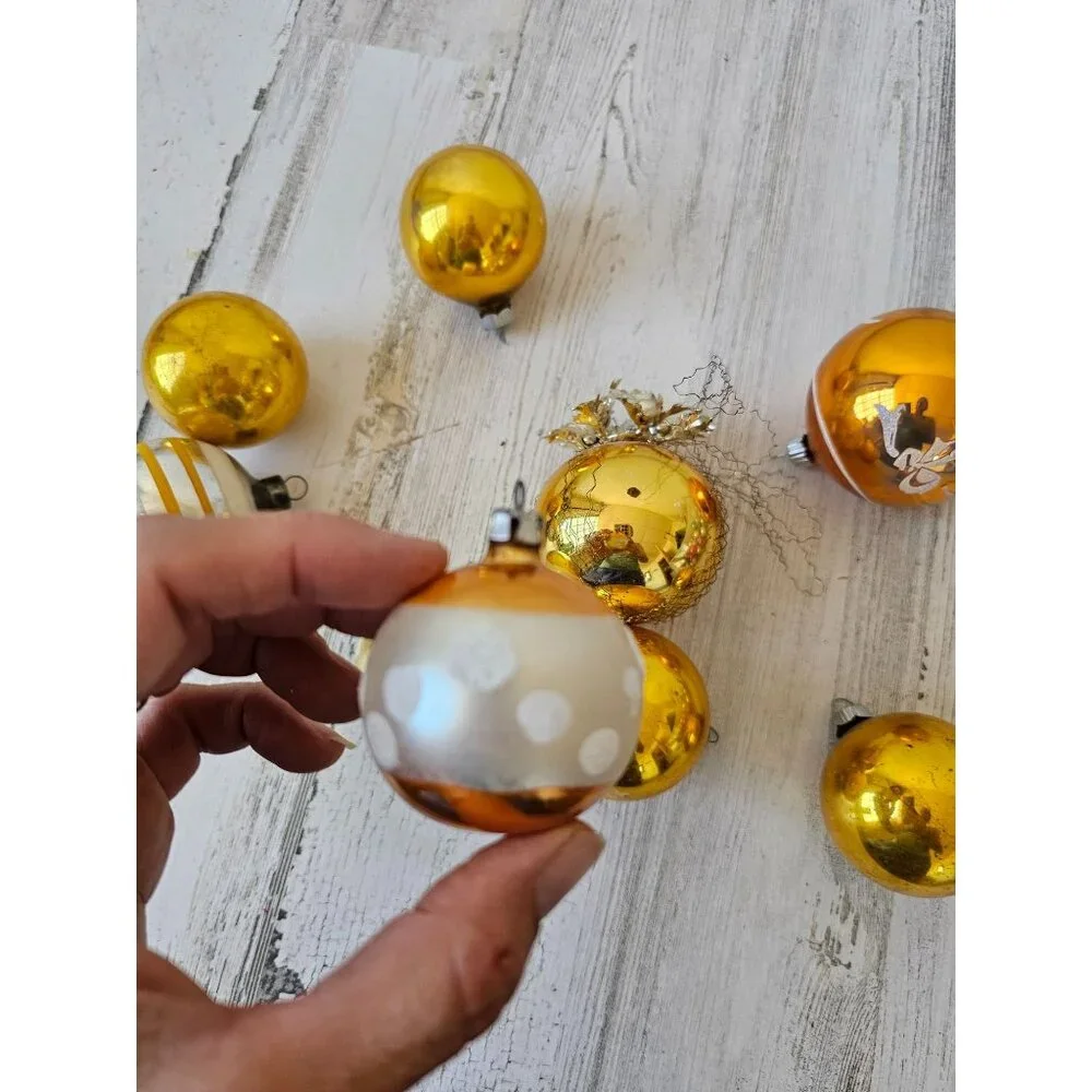 Vintage Mercury glass yellow ball ornament‎ set striped glitter tinsel